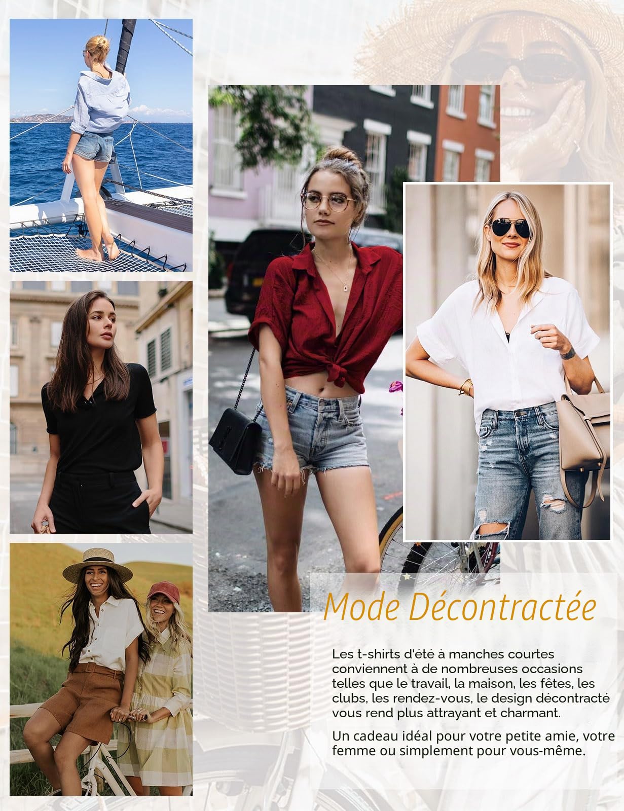 Chemise Femme Haut ÉTÉ pour Femmes Chic et Élégant Coton Lin T-Shirt Manche Courte Col en V Chemisier Tunique Tops avec Boutons D'été Décontractés Ample Couleur Unie Blouse