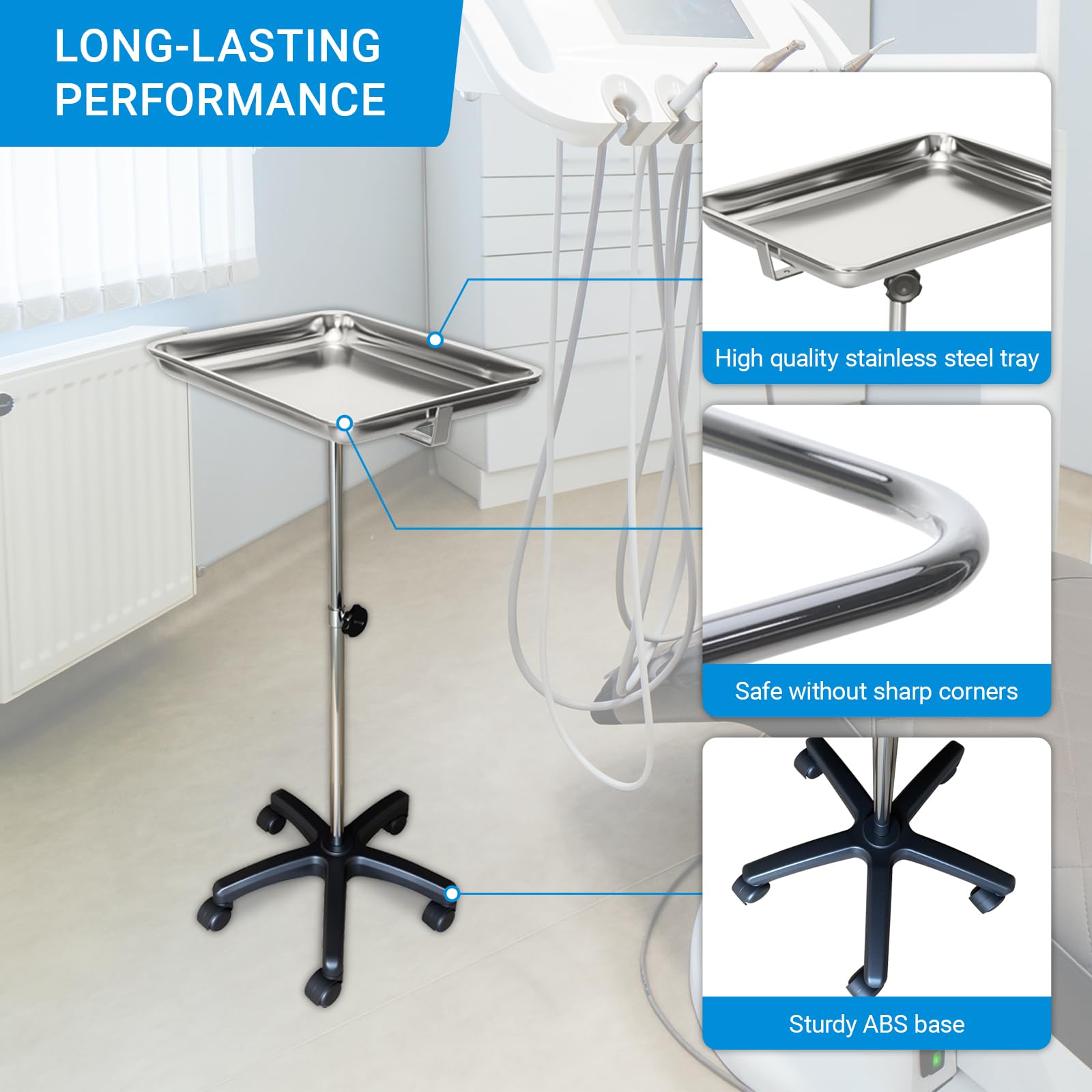 Supporto per strumenti Mayo, tavolo rotolante mobile per denti, veterinari, forniture per cliniche per animali domestici - altezza regolabile 35 "-51" carrello doppio con vassoio a sollevamento (B)