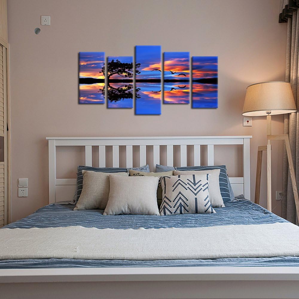 Kreative Arts - Large 5 Panel Canvas Prints Lonely Tree Framed Wall Art Sunset Sky and Clouds of Color in the Lake Purple Scenery Decorations For Living Room (Medium Size 40x24inch)