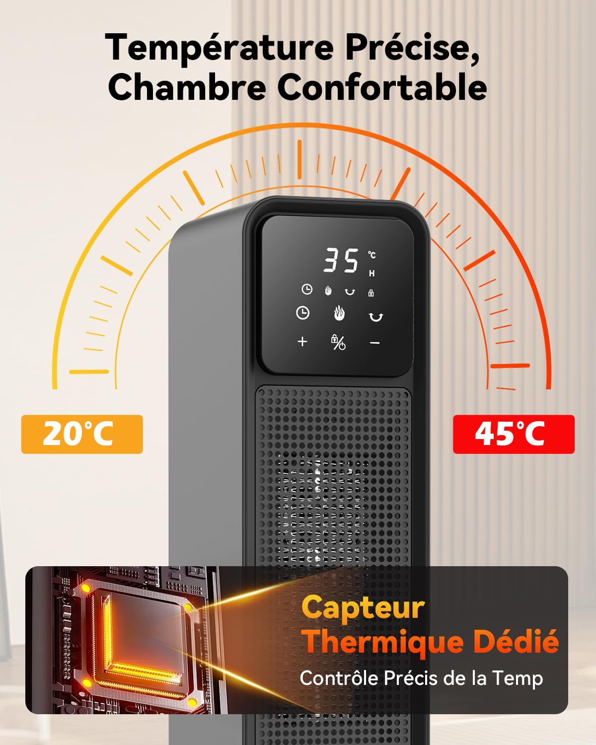 Chauffage d’appoint avec Flamme 3D, Chauffage Electrique Oscillant 70°, Radiateur Electrique Céramique PTC 2200W, 4 Modes, Mode ECO, Minuterie 12H, Silent, Contrôle Précis, Protection Multiple, Maison
