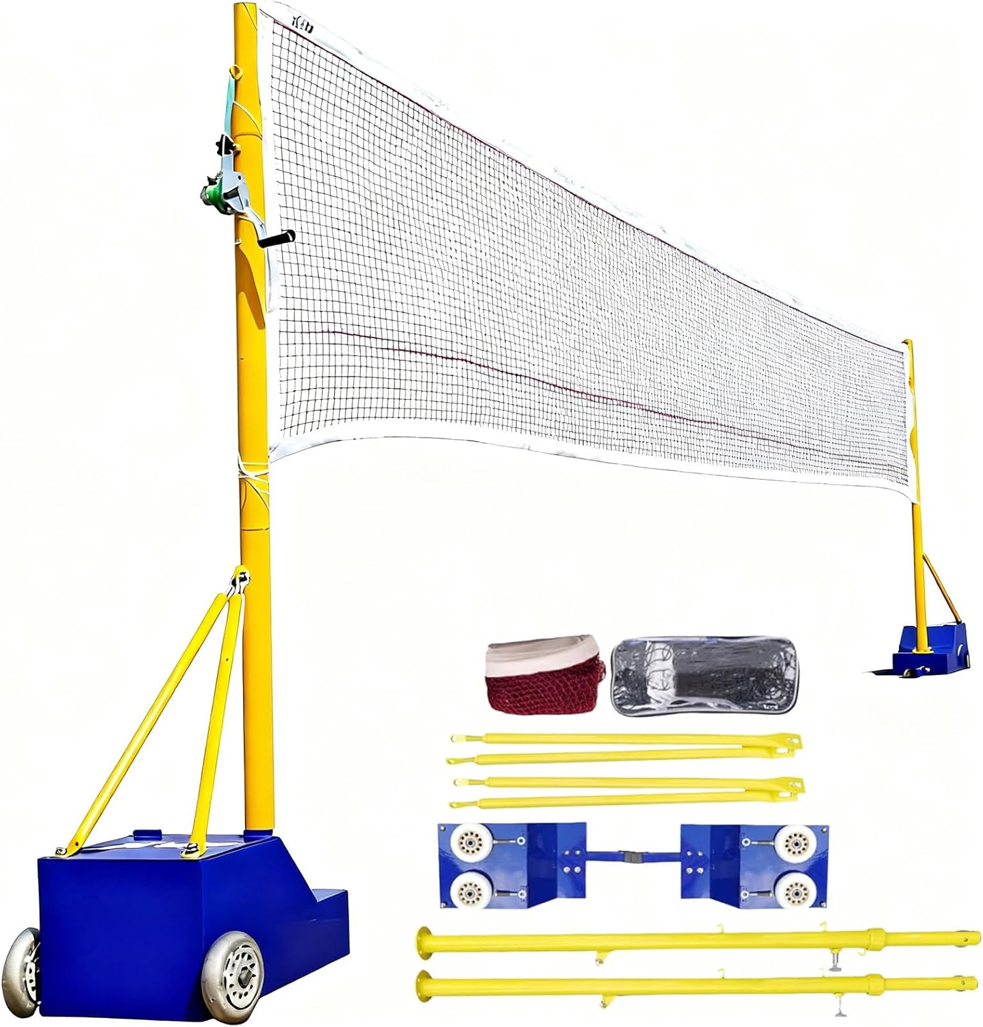 Mobile Volleyball Poles Stand with Volleyball Net/Badminton Net Outdoor, Badminton Racket Set with 70kg Base on Wheels, Adjustable Height
