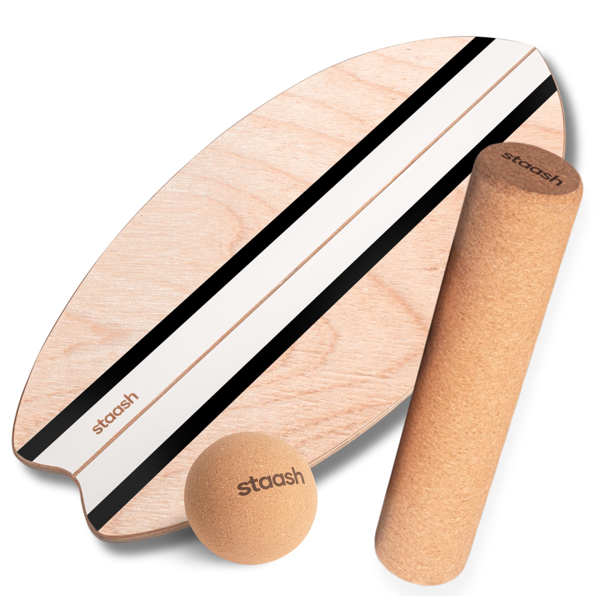 STAASH® Balance Board aus Premium-Holz – Trainings-App mit geführten Videos inklusive – Rutschfestes Gleichgewichtsbrett mit Korkrolle – Surf, Fitness, Yoga, Rehabilitation, Propriozeption