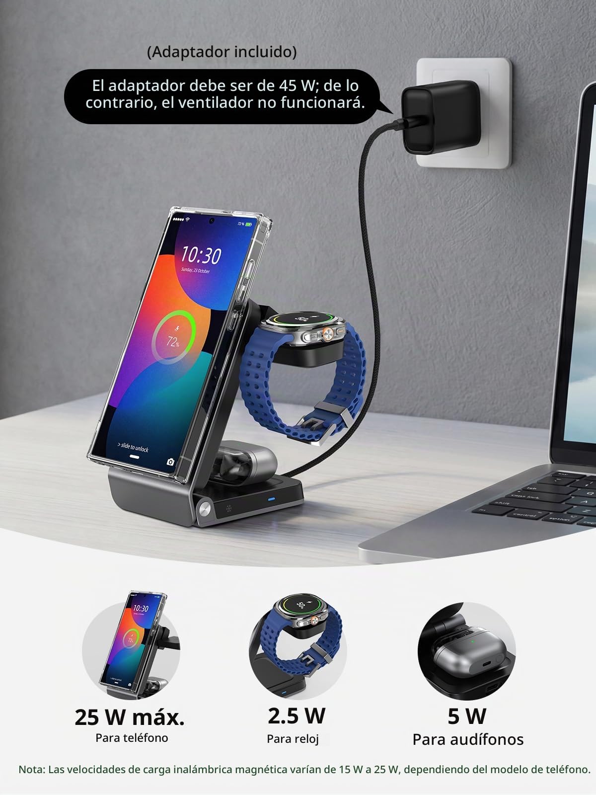 Cargador Inalámbrico para Samsung Cargador Magnético con Refrigeración Activa, Estación de Carga Plegable 3 en 1 para Samsung Galaxy S26 Ultra, Galaxy Watch 8 y Buds 4, para Dispositivos Android