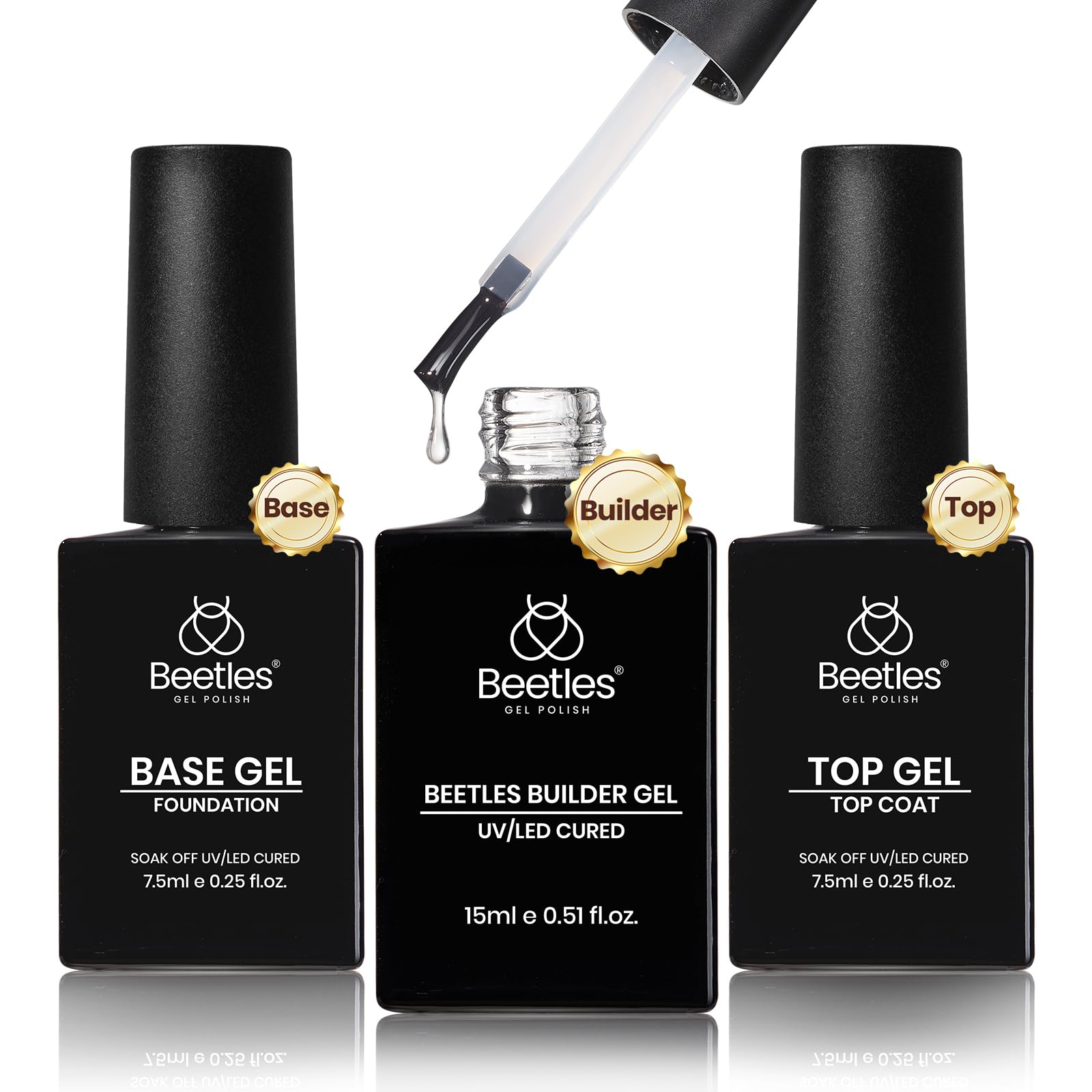 Beetles Builder Gel with Base & Top Coat, 3 Pcs Clear Gel for Nail Strengthening, Building Instant Apex & Extension Beginner Friendly DIY Salon at Home, Gifts for Women, UV & LED Lamp Needed