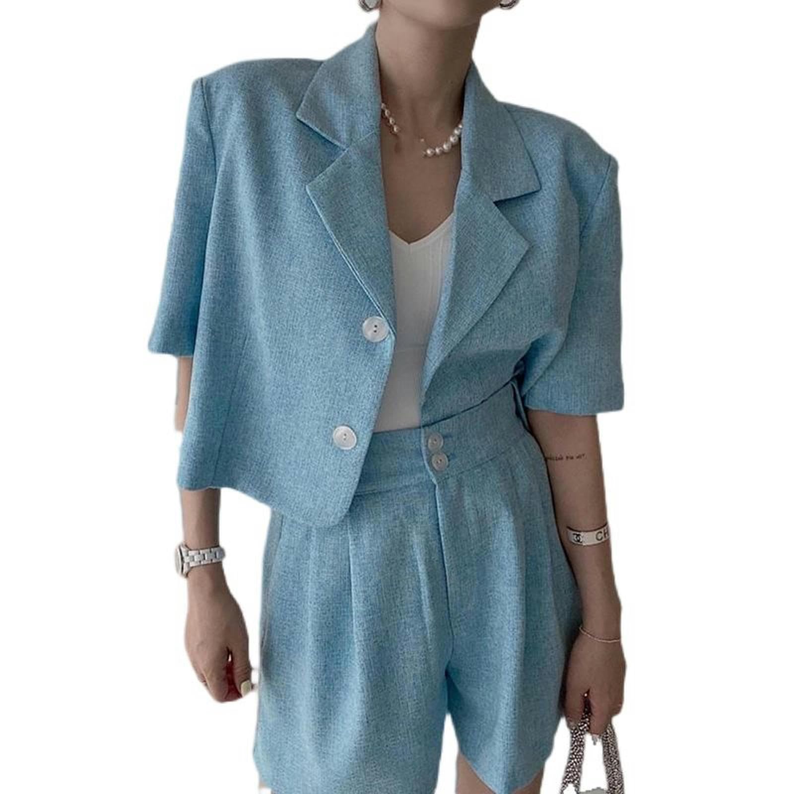 Sommer-Temperament-Kurzjacke mit Anzugkragen + hoch taillierte, vielseitige Zwei-Knopf-Shorts mit weitem Bein – graue Aprikosenjacke – S