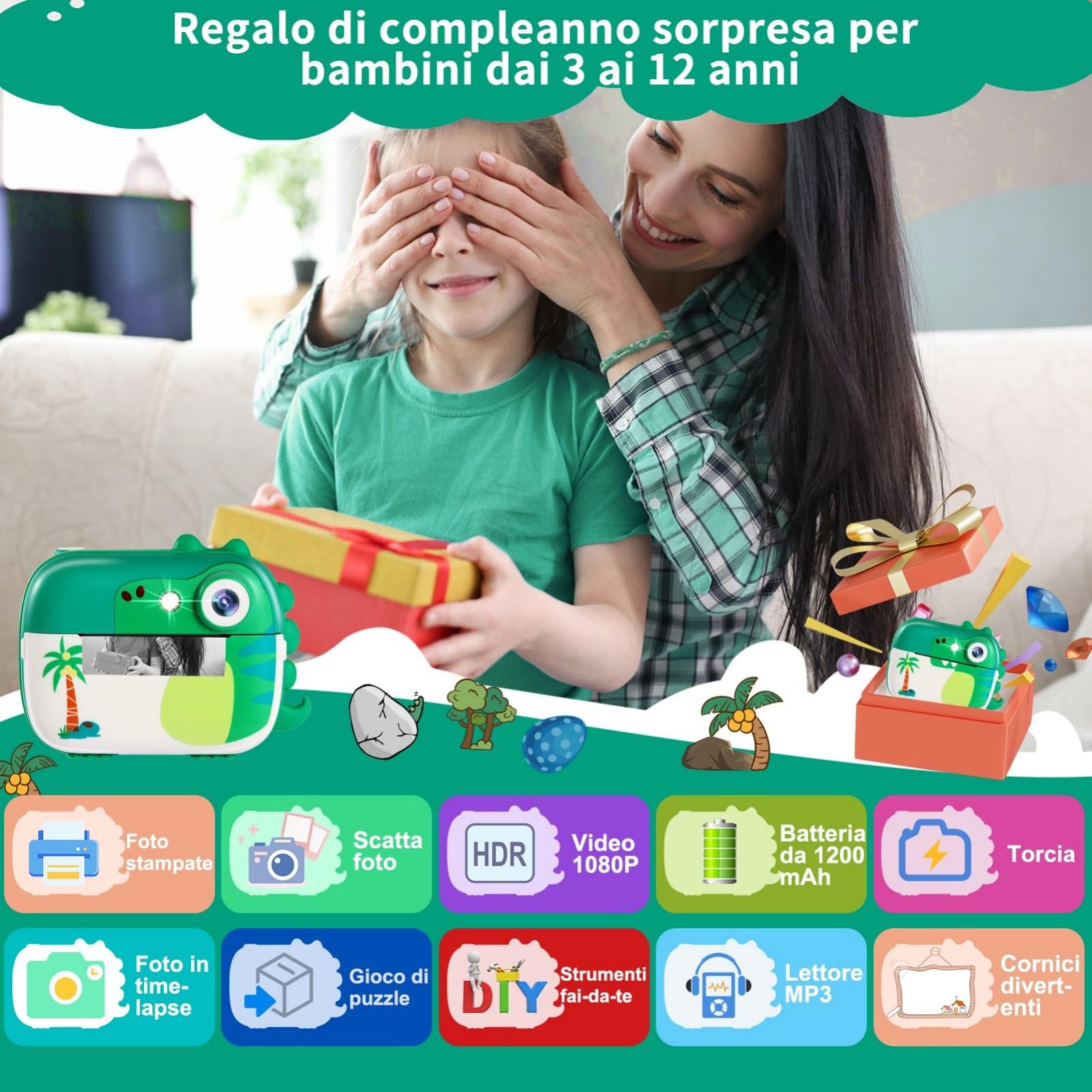 ARNSSIEN Macchina Fotografica Bambini Istantanea, 1080P Fotocamera Istantanea con 7 Rotoli di Carta, Fotocamera Digitale Bambini 2.4 Pollici, Regalo di Natale e Compleanno per Bambino di 3-12 Anni, M3