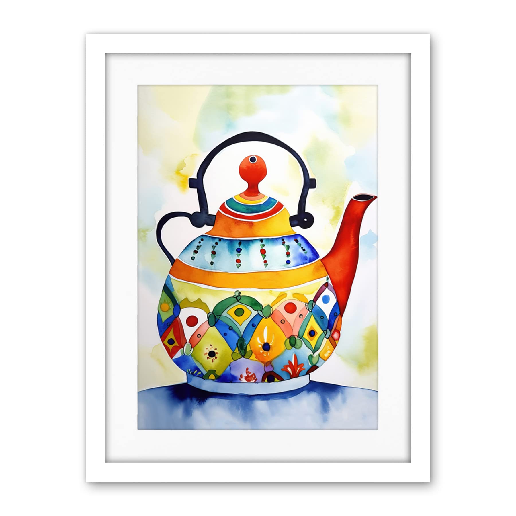Artery8 Enamelled Patterned Teapot Tea Kettle Folk Art Watercolour Painting Artwork Framed Wall Art Print 18X24 Inch