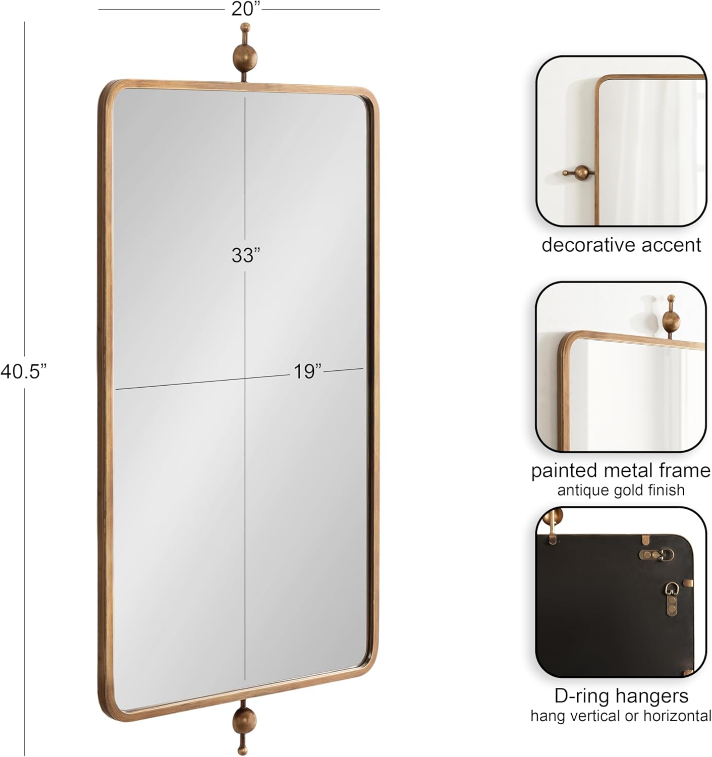 Kate and Laurel Kasota Traditional Metal Rectangle Wall Mirror, 20 x 41, Antique Gold, Vintage Tall Bathroom Mirror for Over Sink or for Use as Versatile Entryway or Bedroom Wall Decor