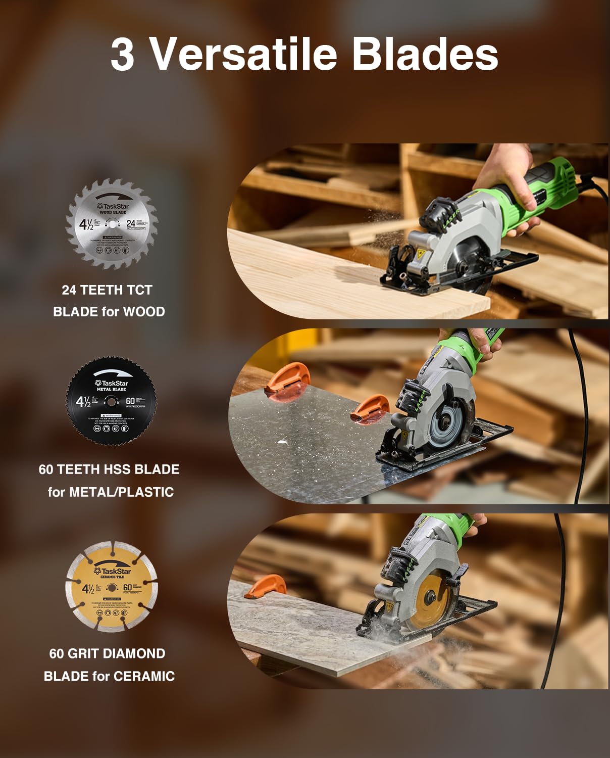 TaskStar Mini Circular Saw - Laser Guide & 3 Blades -6