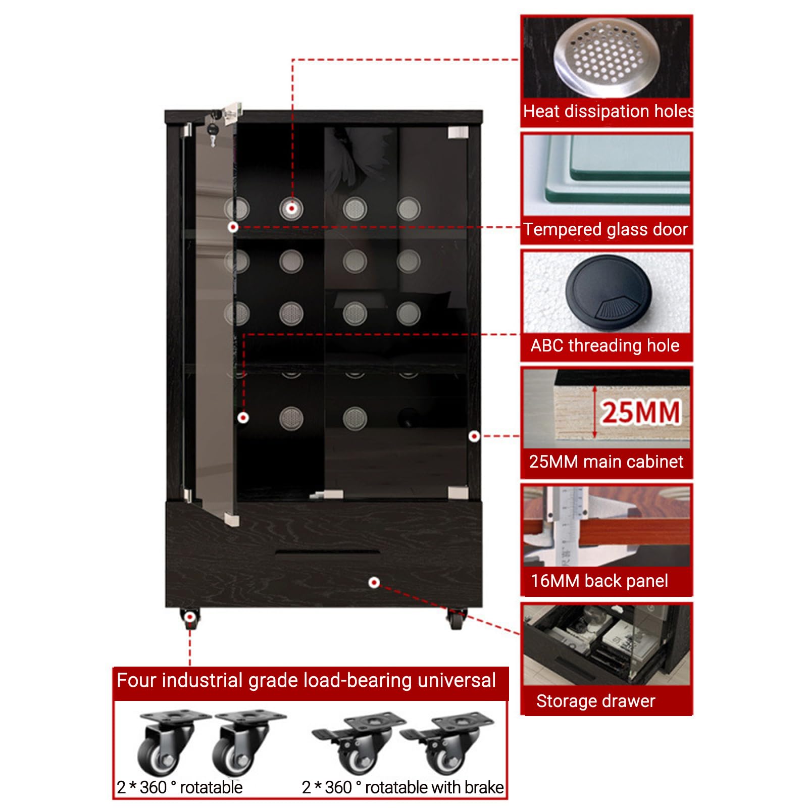 Szafka stereo z kółkami i szufladą, stojak na audio AV, Media Center Storage dla odtwarzaczy płyt, 3-poziomowa konsola audio, wykończenie orzechowe do salonu