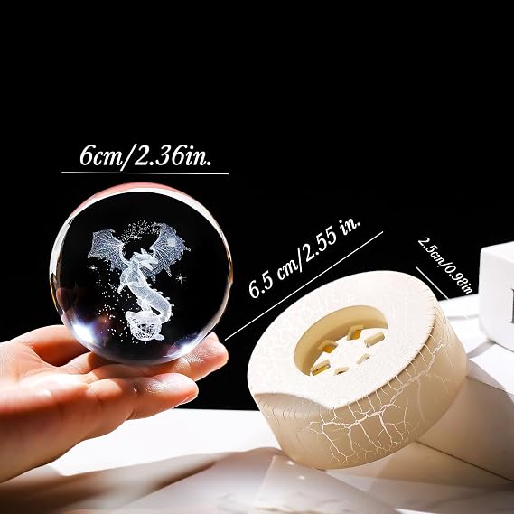Ornalrist 6cm 3D Dragon Crystal Ball Gifts for Women Birthday Christmas | Dragon Ornaments, Engraved 3D Gothic Dragon, with Warm LED Base, Gifts for Dragon Lovers Birthday Collectible Centrepiece