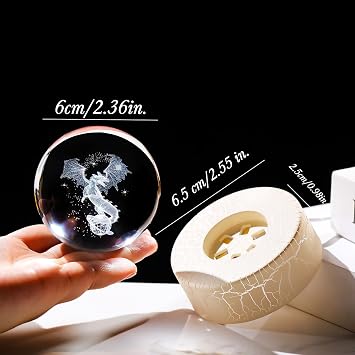 Ornalrist 6cm 3D Dragon Crystal Ball Gifts for Women Birthday Christmas | Dragon Ornaments, Engraved 3D Gothic Dragon, with Warm LED Base, Gifts for Dragon Lovers Birthday Collectible Centrepiece
