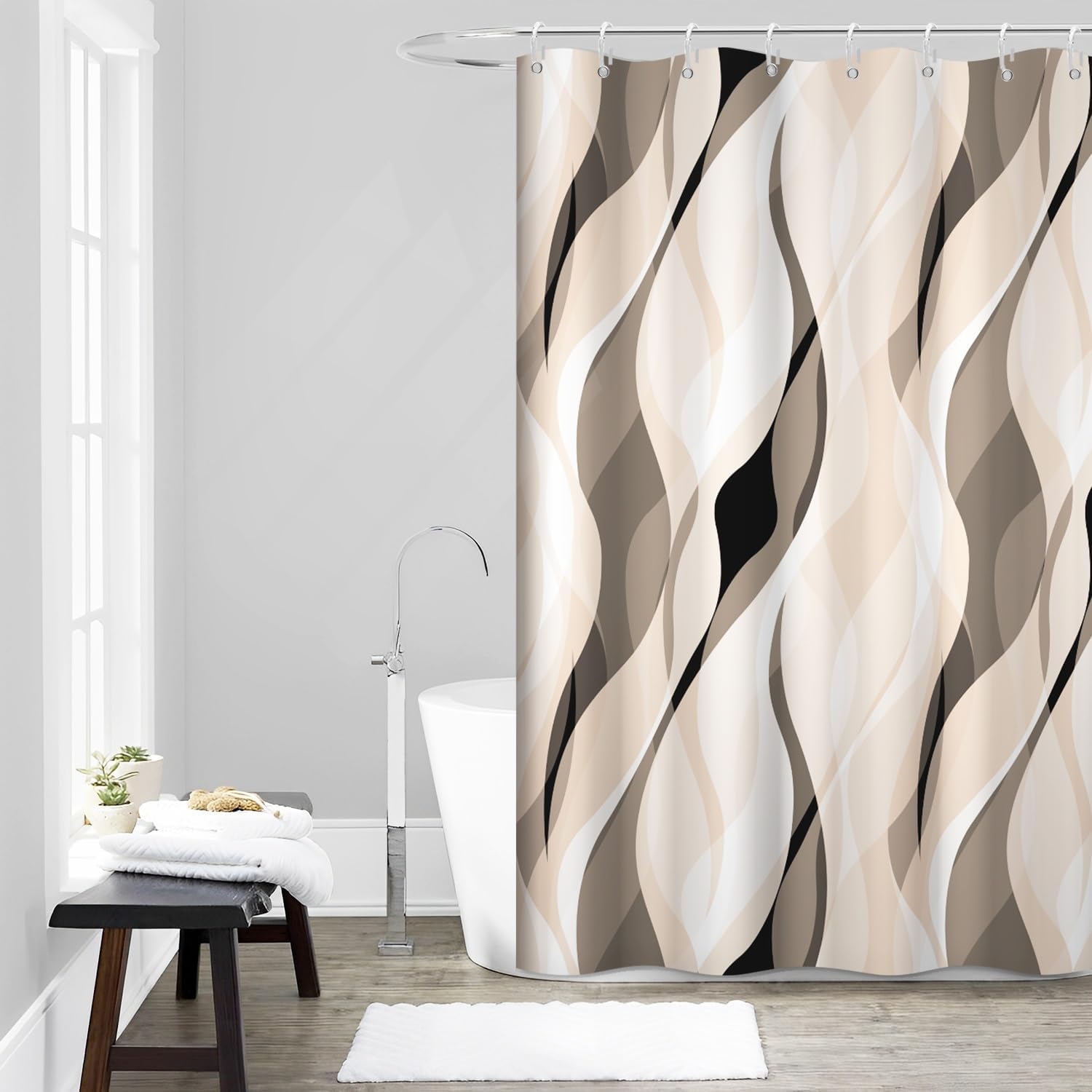 Cream Shower Curtain, Modern Abstract Cream and Grey Striped Shower Curtain Set for Bathroom Waterproof Polyester Shower Curtain with Hooks, 60x72 Inch