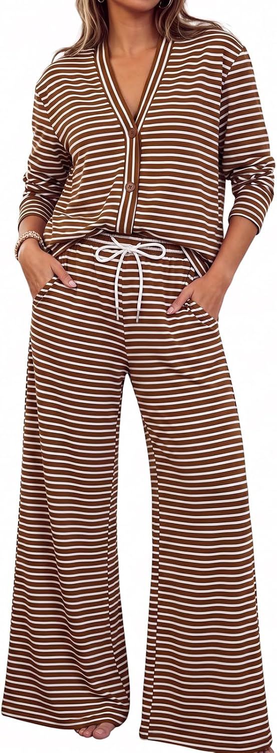 Fisoew Womens 2 Piece Lounge Set Striped Cardigan Pant Sets Travel Outfits