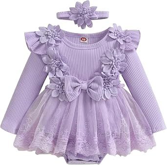 ZAXARRA Infant Baby Girl Romper Dress Baby Dress Romper Flowers Lace Fall Winter Clothes with Headband