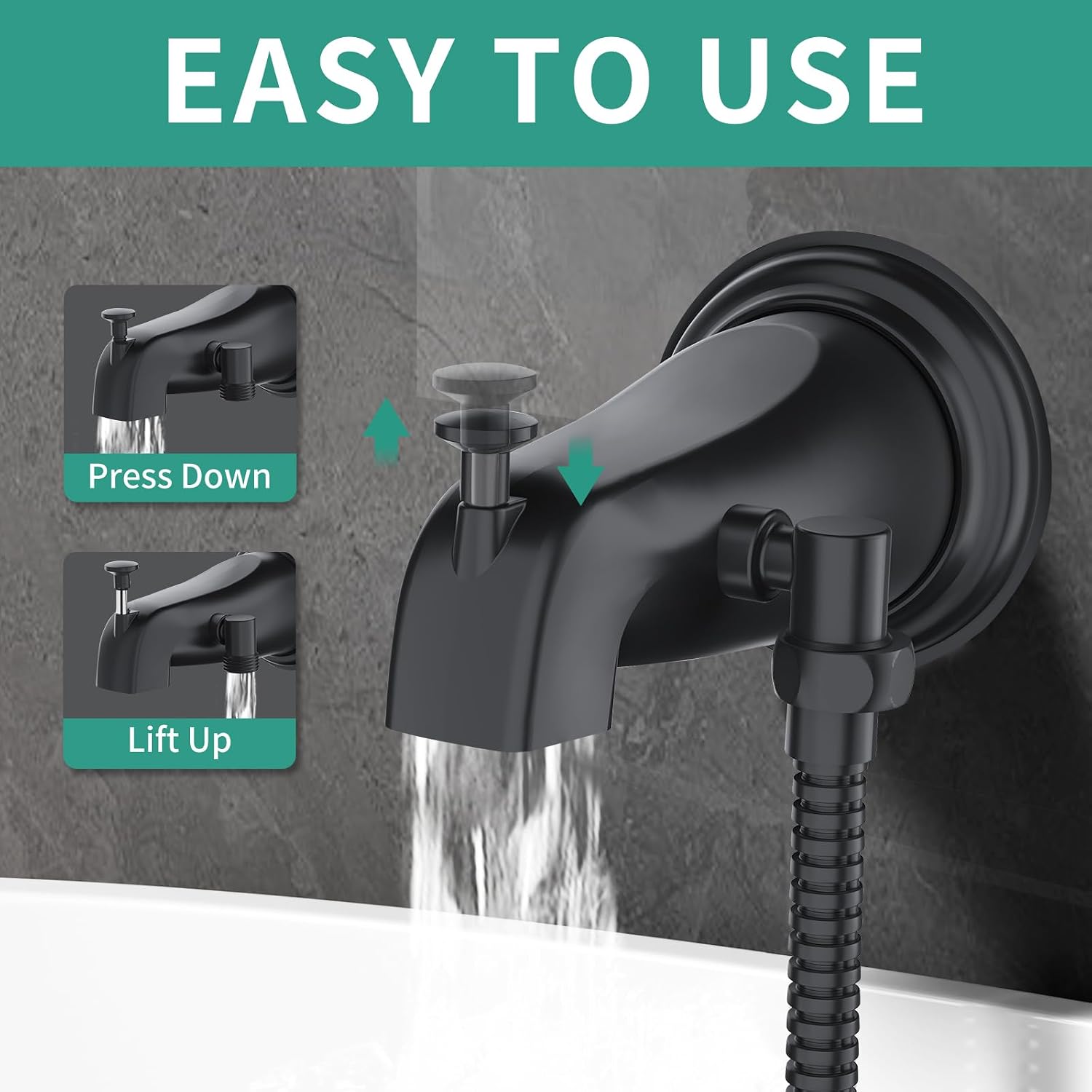 All Metal Bathtub Faucet Sprayer Attachment, Tub Spout with Diverter and Filtered Shower Head, Bathtub Hose Attachment for Tub Faucet, 3 Settings Hand Held Shower with On/Off Switch (Black)