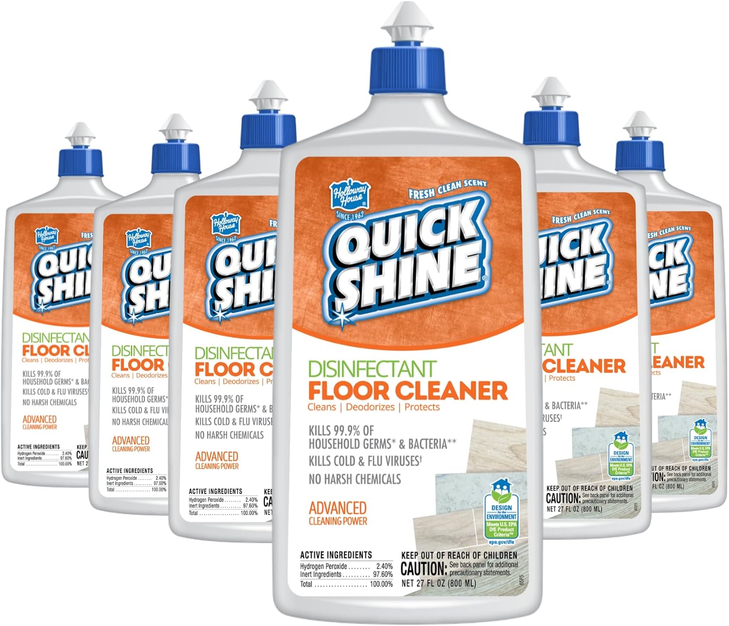 Quick Shine Disinfectant Floor Cleaner 27oz, 6Pk | Hospital Level Disinfectant Kills 99.9% Germs & Bacteria | Cleans w/Power of Hydrogen Peroxide & No Harsh Chemicals | Streak Free & Zero Residue