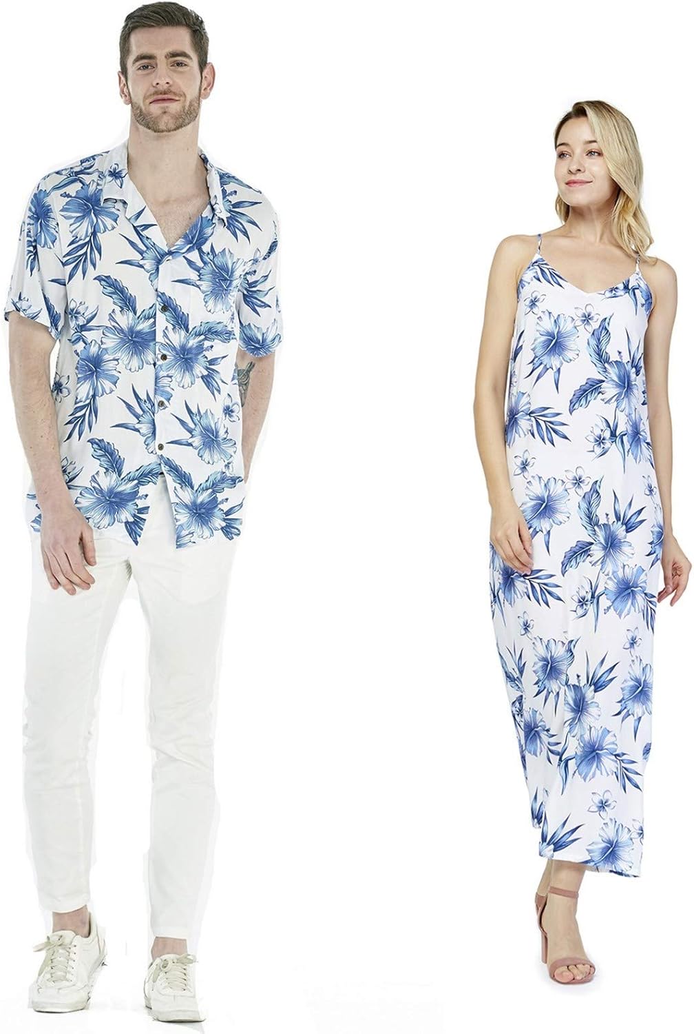 Couple Matching Hawaiian Luau Shirt Maxi Sweet Heart Dress in Midnight Bloom