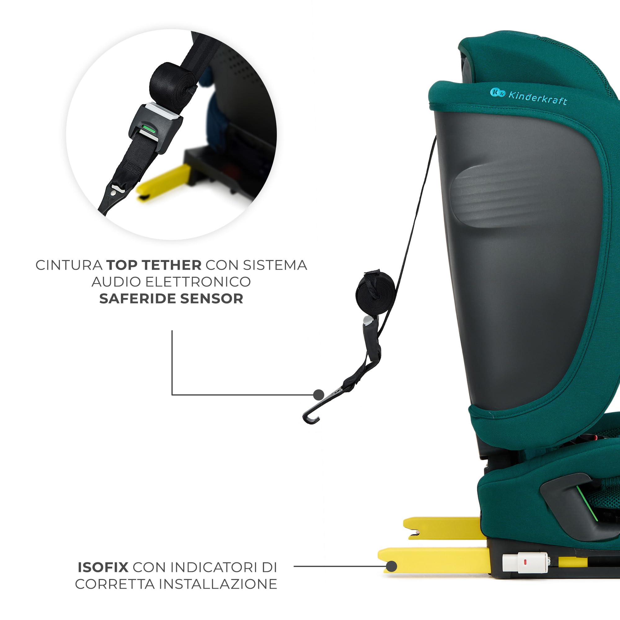 Kinderkraft FIX2GO Seggiolino per bambini i-Size, 76-150 cm, Isofix, Top Tether, saferide sensor, fino a ca. 12 anni, sistemi di sicurezza, rivestimenti di alta qualità, reclinabile, Verde