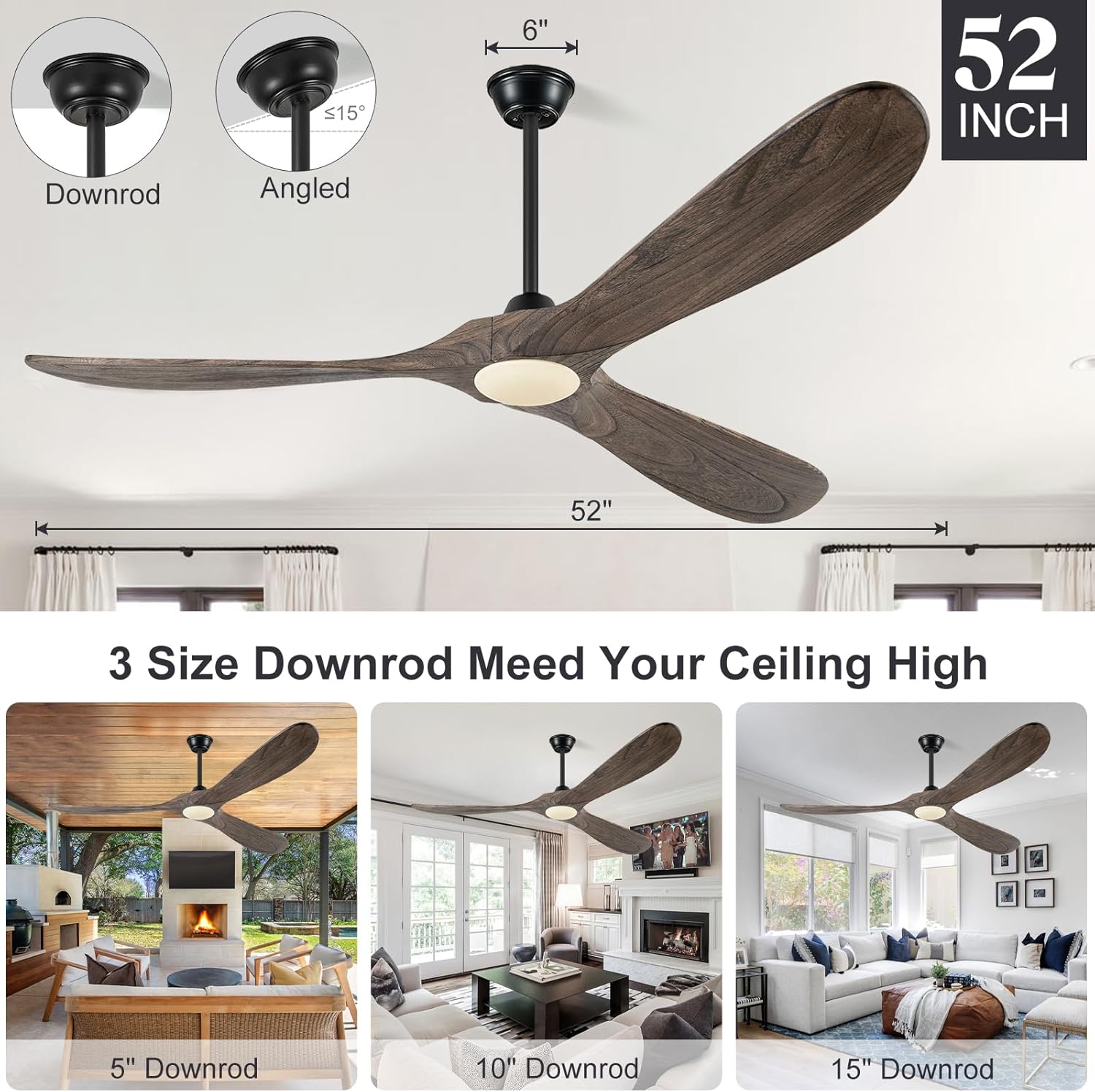 Eliora 60 Inch Ceiling Fans with Lights, Wood Outdoor Ceiling Fan for Patio and Remote Control Rustic Propeller Large Ceiling Fans with Light Farmhouse Indoor Quiet High cfm, Deep Brown
