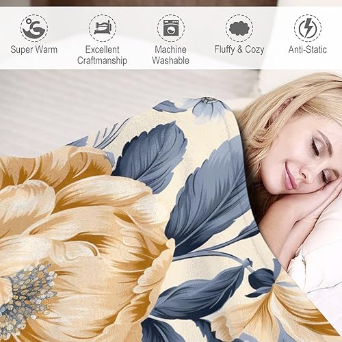 Miniatura 4 de Manta suave hecha a mano con flores amarillas, azul polvoriento, gris, ultra suave, manta de microfibra vintage de 30 x 40 pulgadas para sofá, cama,