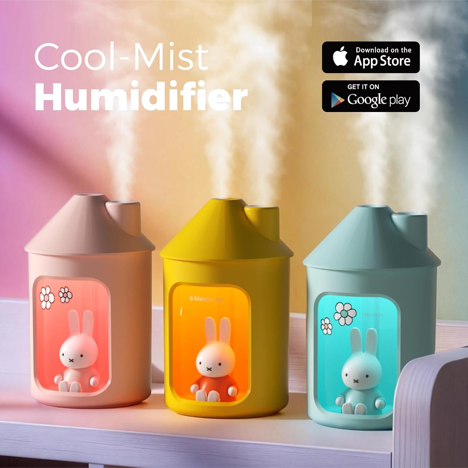 Mipow X Miffy Double Spray Humidifier 2.0 Smart App-Control RGB LED, Mini Cute Humidifier with Night Light, 500ml for Bedroom, Nursery/Office - Pink