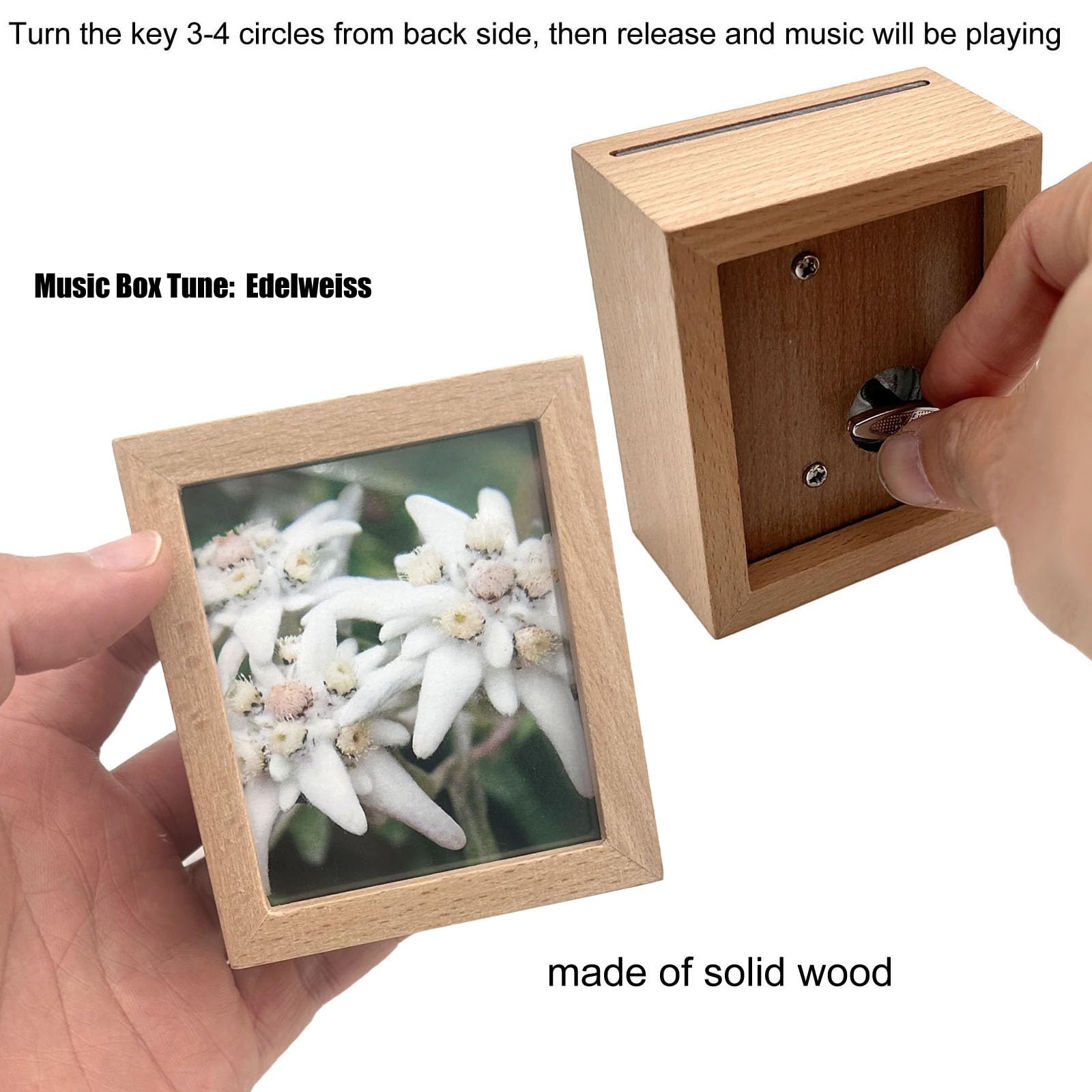 Pursuestar Edelweiss Wind Up Music Box, Solid Wood Mini Photo Frame Musical Box Picture Holder for Tabletop or Desktop Display, Gift for Christmas/Birthday/Valentine's Day/Mother's Day