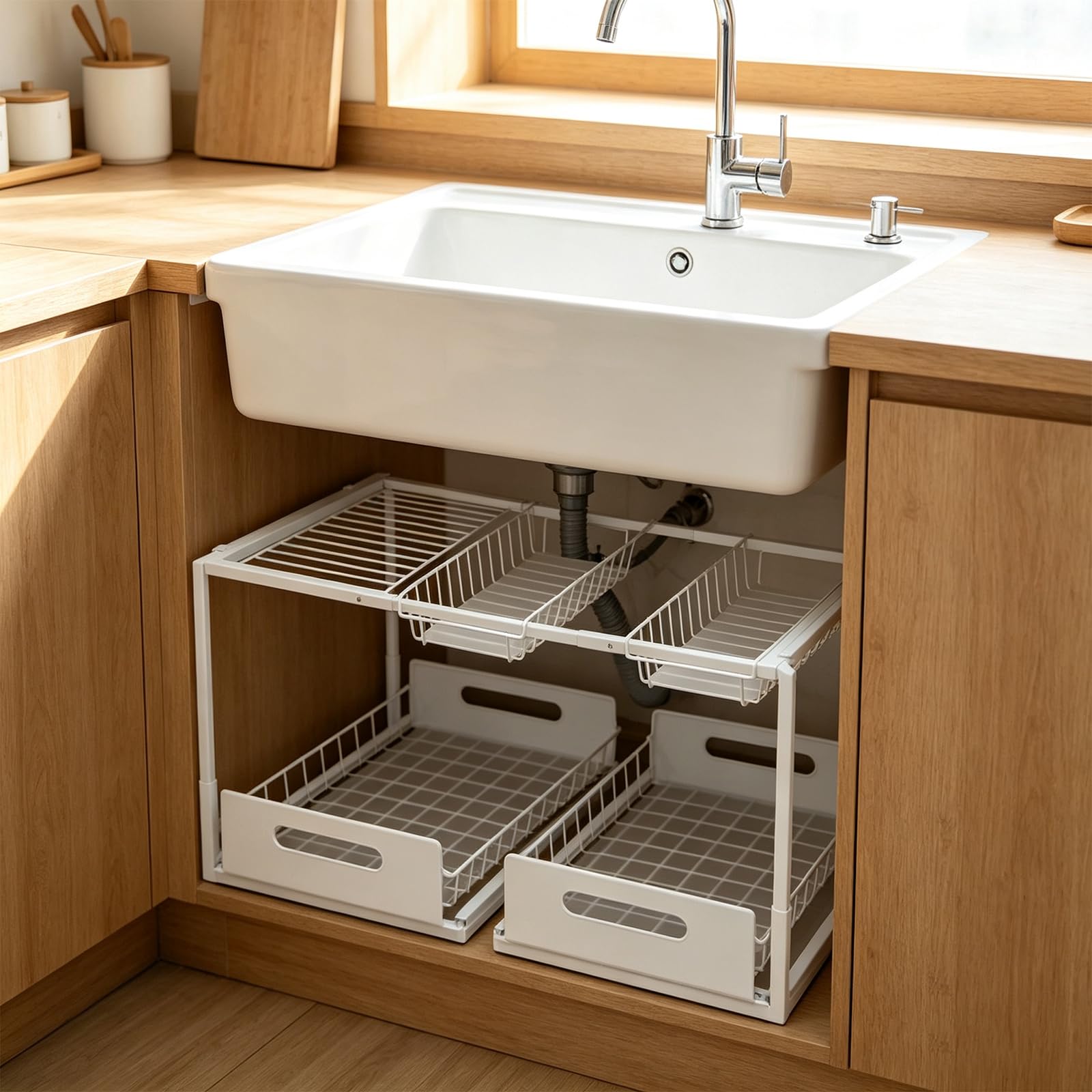 Organiseur extensible à 2 niveaux sous évier avec tiroirs coulissants