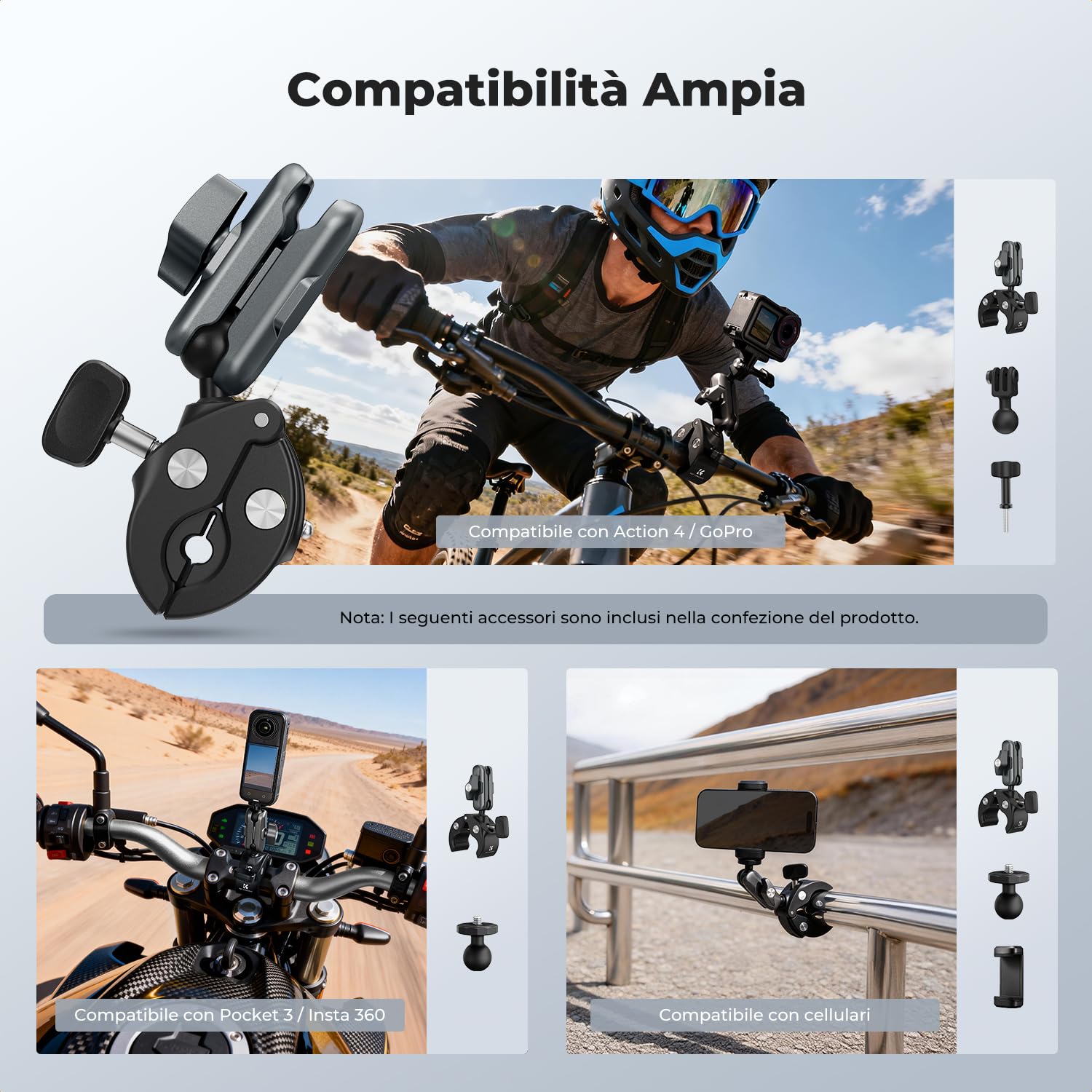 K&F CONCEPT Supporto Action Camera con Super Clamp e Doppia Testa a Sfera 360°, Morsetto per Manubrio Moto e Bici, Compatibile con GoPro Hero 13/12, Insta360 X5/X4, DJI Osmo Action 5/4/3 e Pocket 3