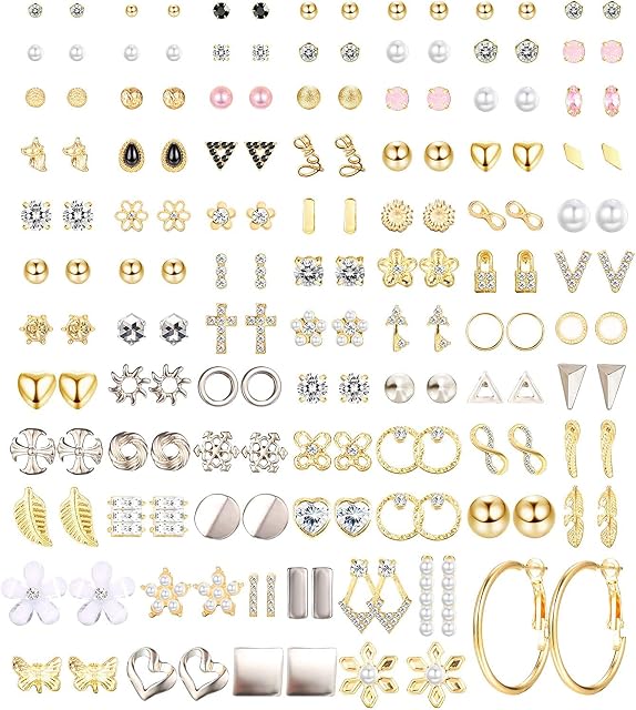 LOLIAS 81 Pairs Assorted Multiple Stud Earrings Set Dangle Cute Hypoallergenic Earrings CZ Bow Butterfly Flower Leaf Ball Simple Drop Earrings Stud for Women Pack Fashion Girl's Jewelry