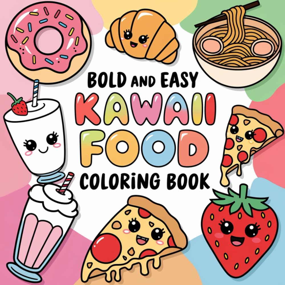 Kawaii Food Bold And Easy Coloring Book: Simple with Thick-lined Illustrations of Your Favorite Snacks, Treats, Foods and Beverages