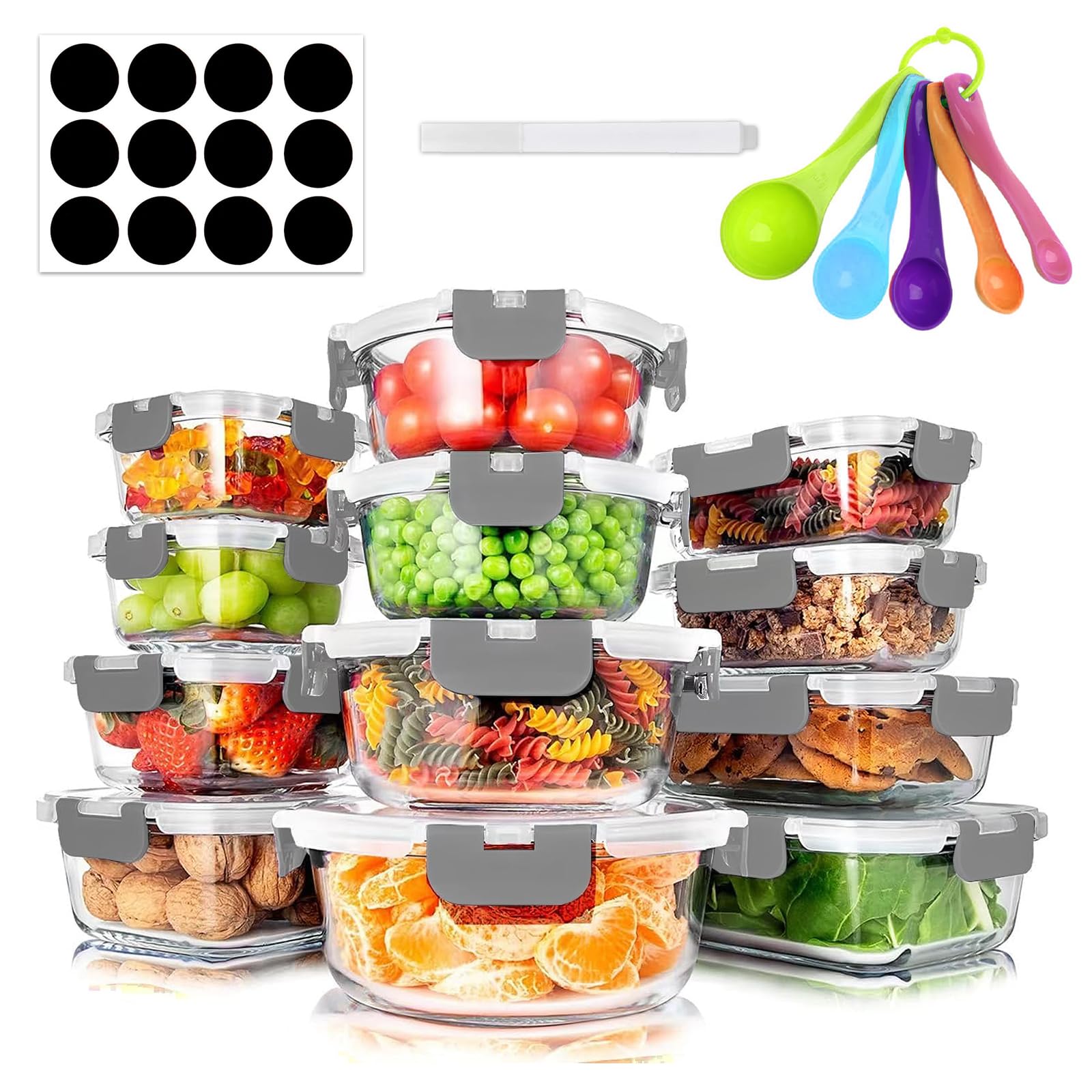 Zhouzglass Gray Glass Meal Prep Containers With Spoon, Stackable Glass Food Storage Containers With Lids, Airtight Lunch Containers, Microwave, Oven, Freezer And Dishwasher (12 Pcs-Grey)