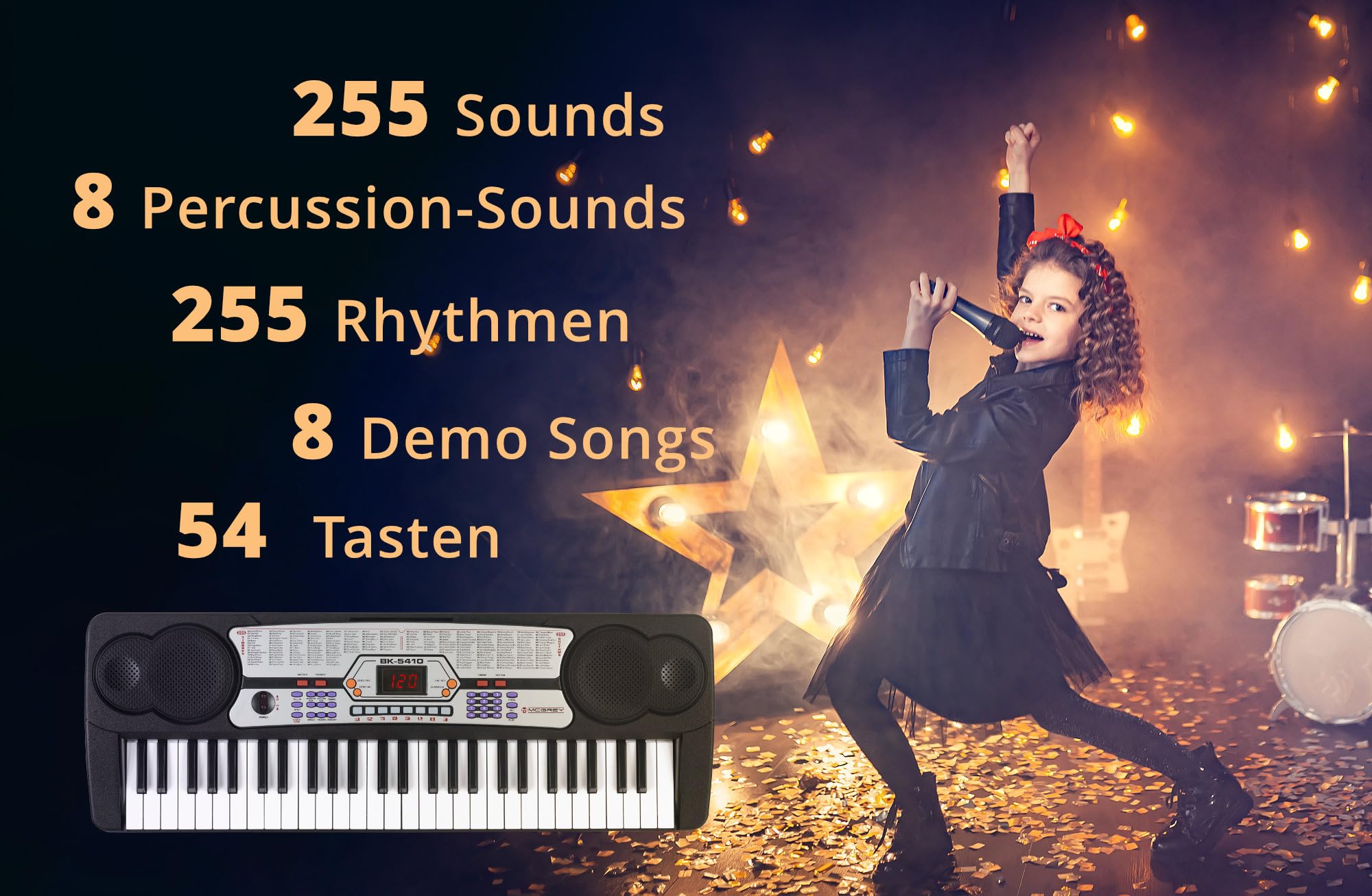 McGrey BK-5410 Beginner-Keyboard Set inkl. höhenverstellbarem Ständer und Sitzbank (54 Tasten, 255 Klangfarben, 255 Rhythmen, 8 Demo Songs, Netzteil, Notenhalter)