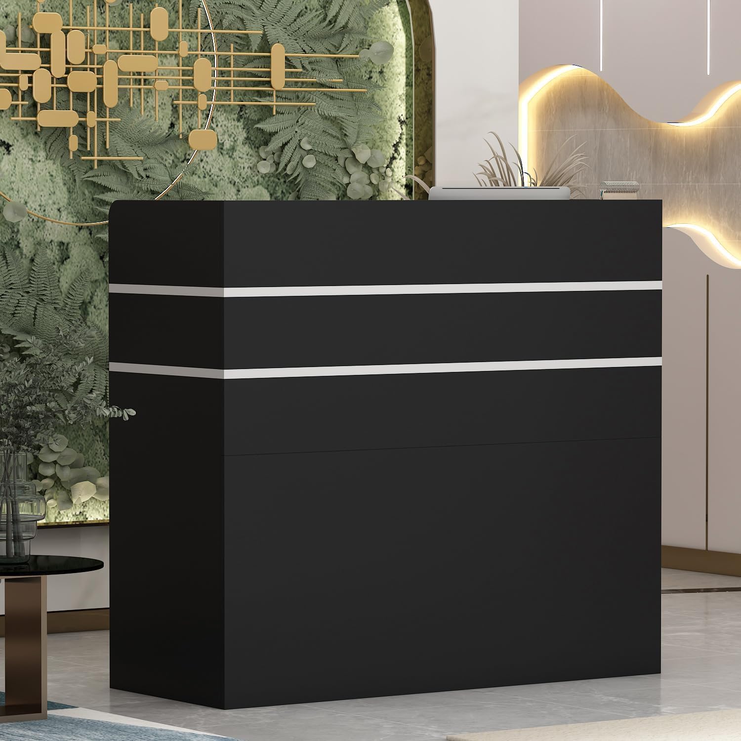 PREMTURE Reception Desk with Lockable Drawers, Reception Counter, Shop Counter Sales Desk, Office Furniture Reception Furniture with 3-Drawers and 1-Cupboard, 120W x 48D x 110H cm (Black)