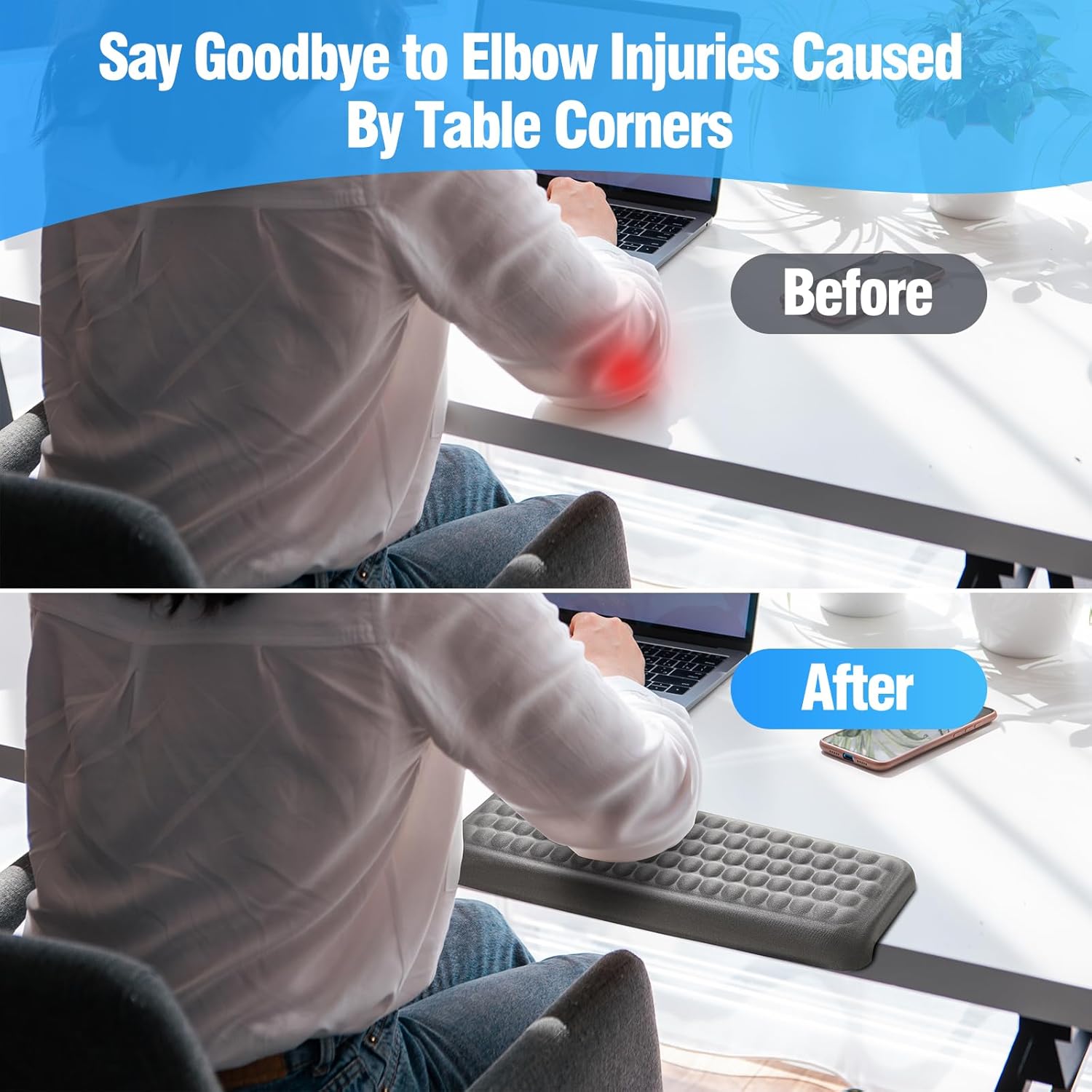 2PCS L-Shaped Desk Wrist Rest Elbow, Forearm & Wrist & Elbow Comfort Support for Desk Edge, Memory Foam Desk Edge Cushion, Adjustable Non-Slip, Ergonomic Support for Elbow Pad for Desk (Gray)