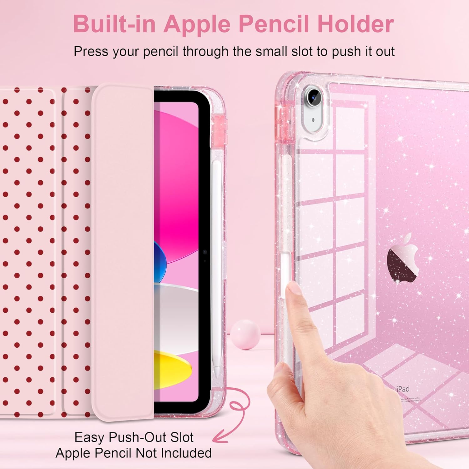 TWOLSKOO Sparkly Case for iPad 11th Gen 11" 2025 (A16) & iPad 10th Gen 10.9" 2022, Glitter Hard Acrylic Back with Pencil Holder, Slim Trifold Stand Folio Cover, Auto Sleep/Wake, Pink Polka Dot