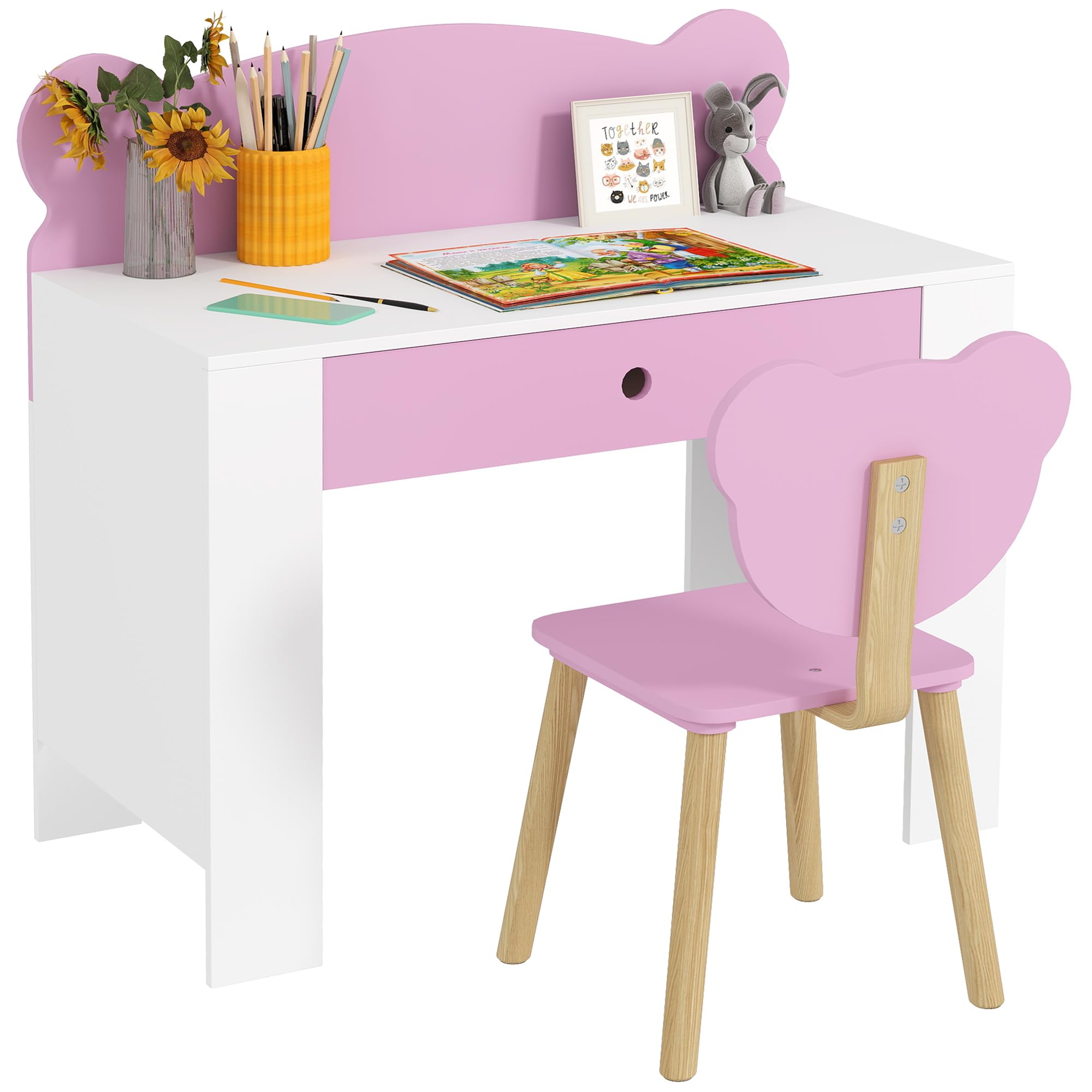 AIYAPLAY Set Scrivania per Bambini con Sedia, Tavolo da Studio con Cassetto, Schienale a Forma di Orsetto, Età 3-8 Anni, Rosa