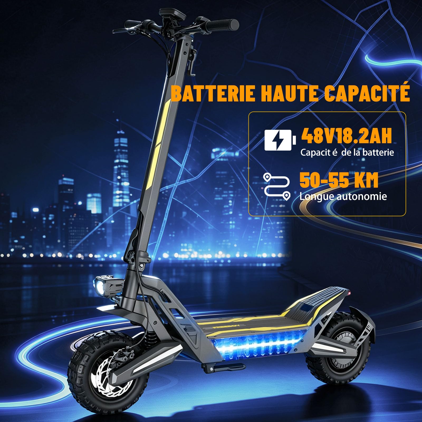 Trottinette Électrique Adulte 1200W - 11" Tout Terrain Trotinette Electrique Pliable Autonomie 55KM,Batterie 48V 18.2Ah Escooter Double Suspension Double Frein Scooter Charge 120kg