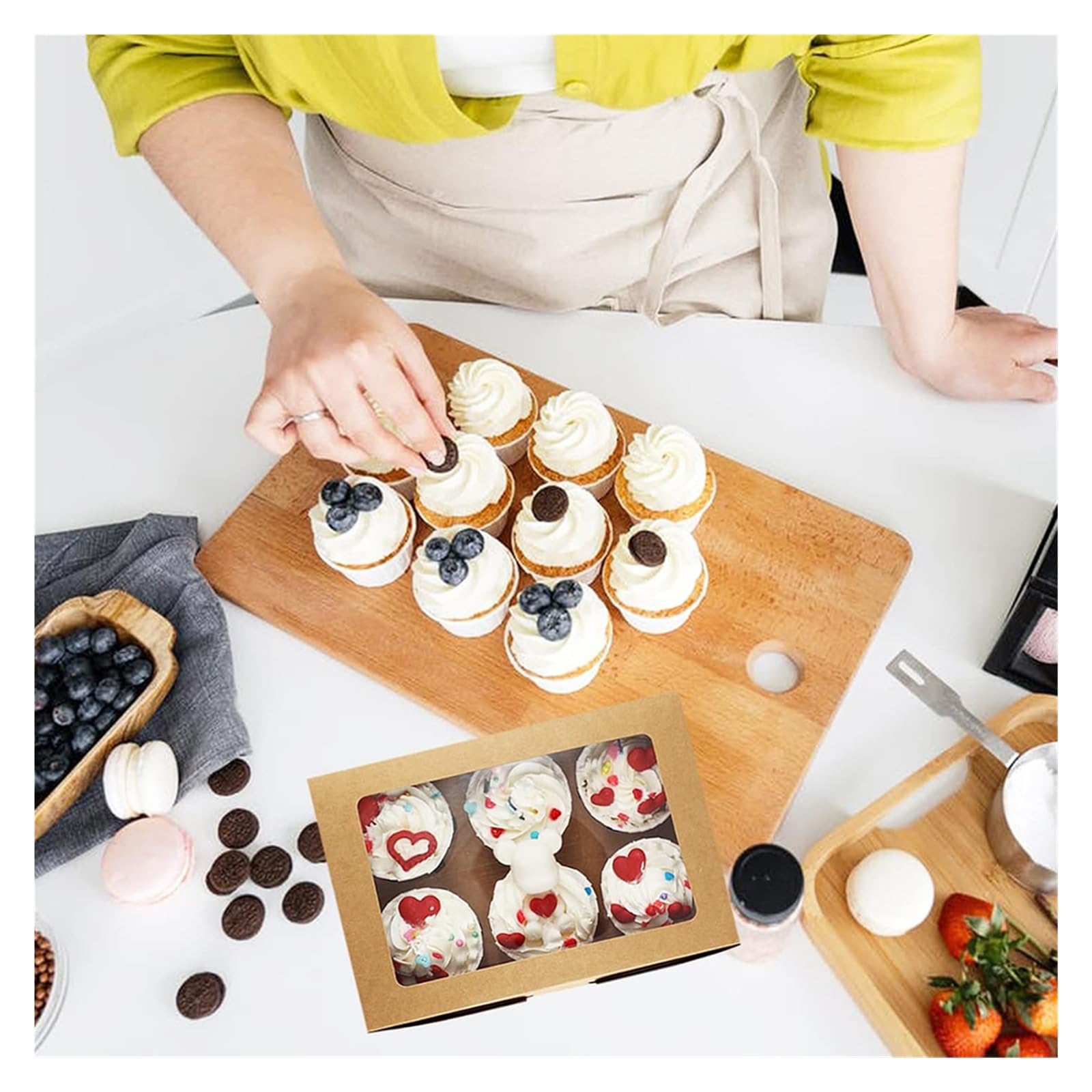 20 cajas for cupcakes con ventana e inserciones, 6 cajas de golosinas de calidad alimentaria, cajas portadoras de panadería for galletas, magdalenas y cupcakes(20pcs White)