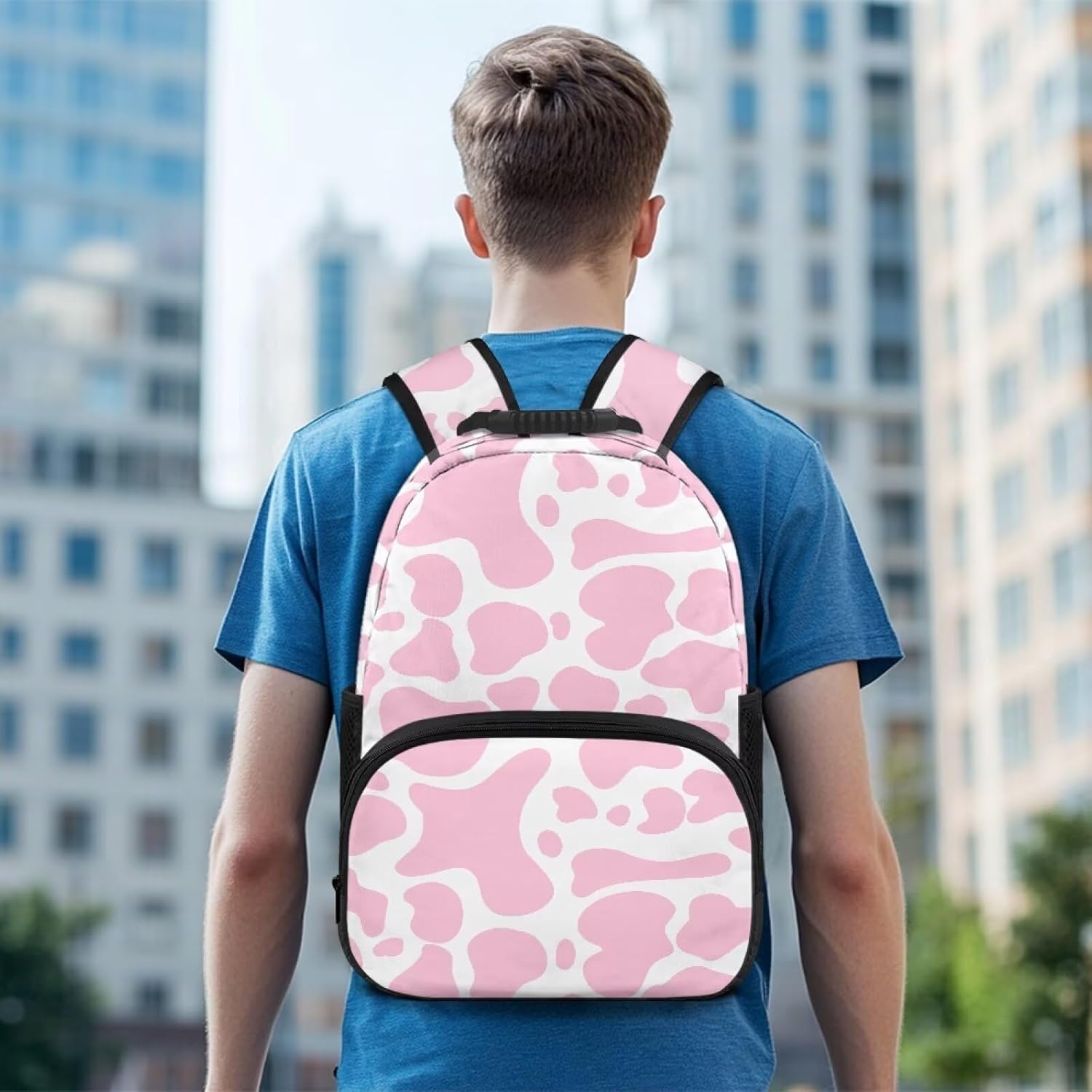 Cow Pink Spotted Print Water Resistant Backpack for Girls Teens - 17.3" Laptop Backpack, Lightweight School Bookbag with Mesh Side Pockets, Large Capacity for High School College