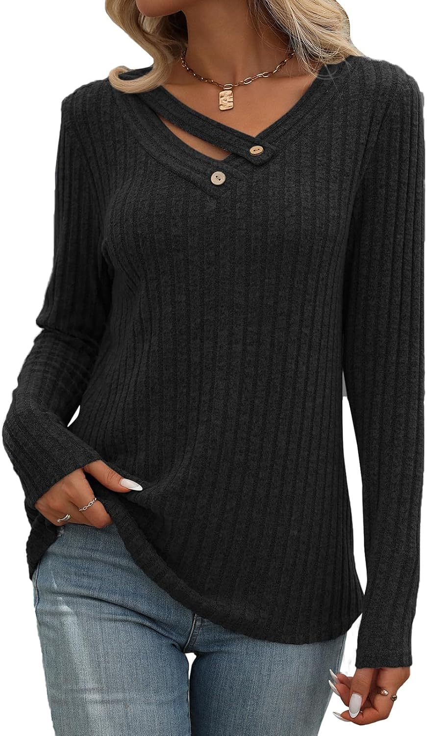 Misyula Style Long Sleeve Shirts for Women V Neck Fall Sweaters Dressy Casual Basic Tops 2024 Trendy Pullover S-2XL