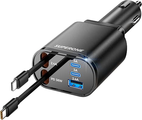 SUPERONE 5-in-1 Retractable Car Charger with Dual Cables, 90W Car Phone Charger Fast Charging, Compact USB C Car Charger Adapter with Multi Ports for iPhone 17/16/15/14/13, Galaxy, Pixel, ipad - Black