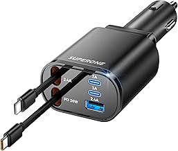 SUPERONE 5-in-1 Retractable Car Charger with Dual Cables, 90W Car Phone Charger Fast Charging, USB C Car Charger Adapter with Multi Ports for iPhone 17/16/15/14/13/12, Galaxy S25, Pixel, ipad - Black