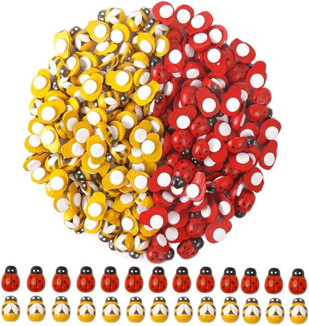 Aoflyda Wooden Bees Ladybugs Set, 200 Pack Mini Flatback Self-Adhesive Wooden Bees & Ladybugs Embellishments Kit for Crafts Scrapbooking Cardmaking DIY Ornaments Party Decoration
