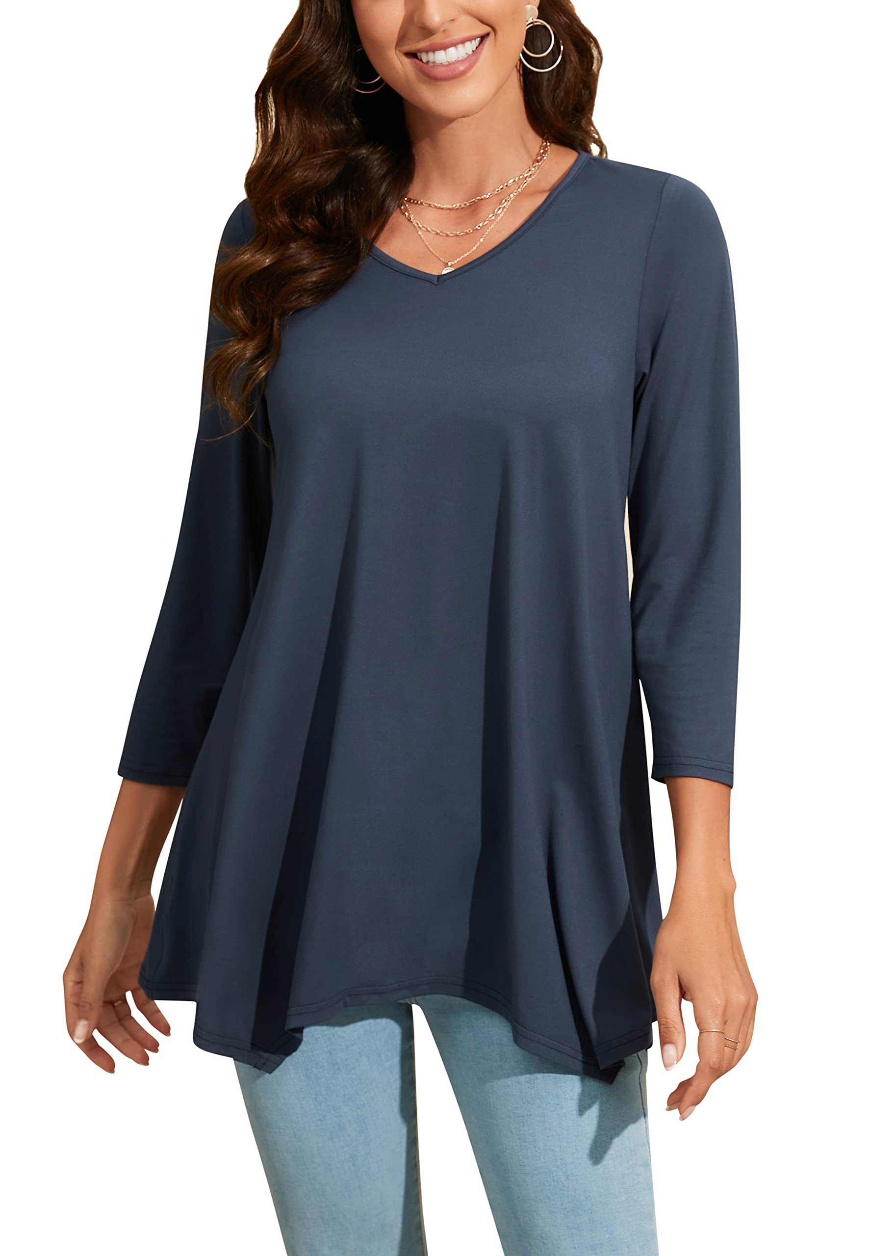 Enmain Camiseta Mujer Manga Larga Top Túnica Talla Grande Manga 3/4 Blusa on Cuello en V Tops de Colores Sólidos/Estampadas T Shirt para Mujeres S-3XL