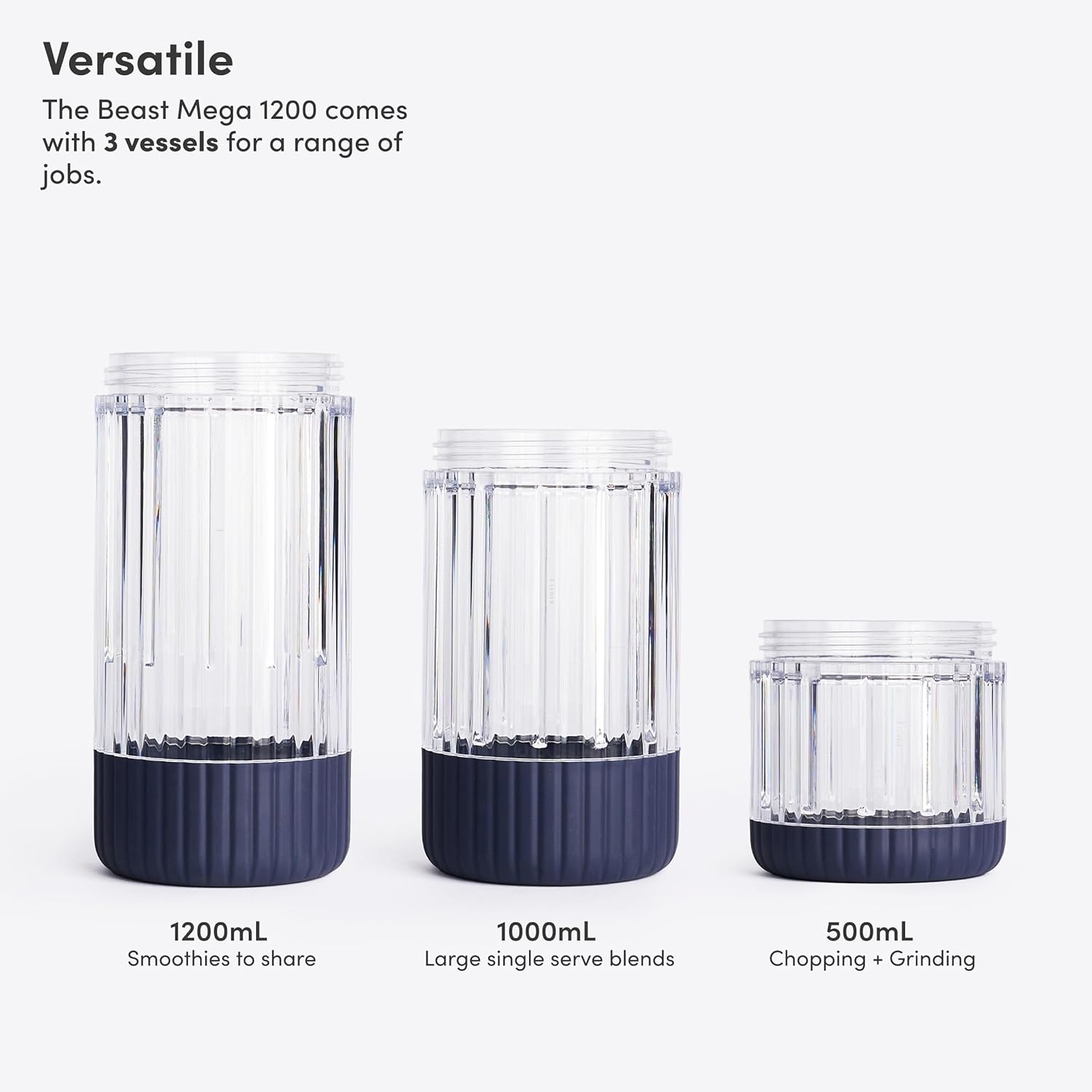 Beast Mega 1200 Plus | Premium Countertop Blender | Smoothies, Shakes, Sauces, Dips, Soups | Blends Ice and Frozen Fruit | XL Vessel | With Extra Vessels, Straw System | 1200W | (Navy, 120V)