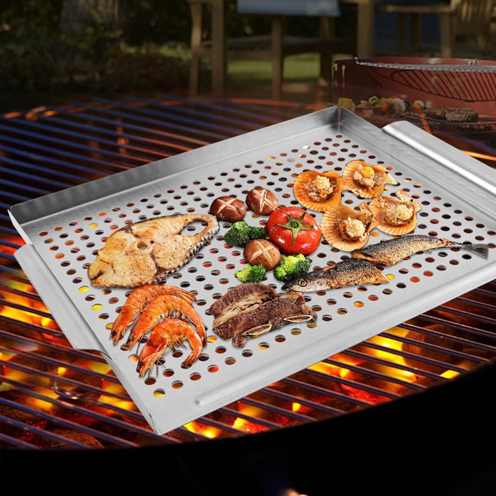 Griglia in acciaio inossidabile, vassoio perforato per barbecue con drenaggio del grasso per piccoli alimenti, cestino per grigliare verdure, accessorio elettrico per griglia a carbone per pentole da