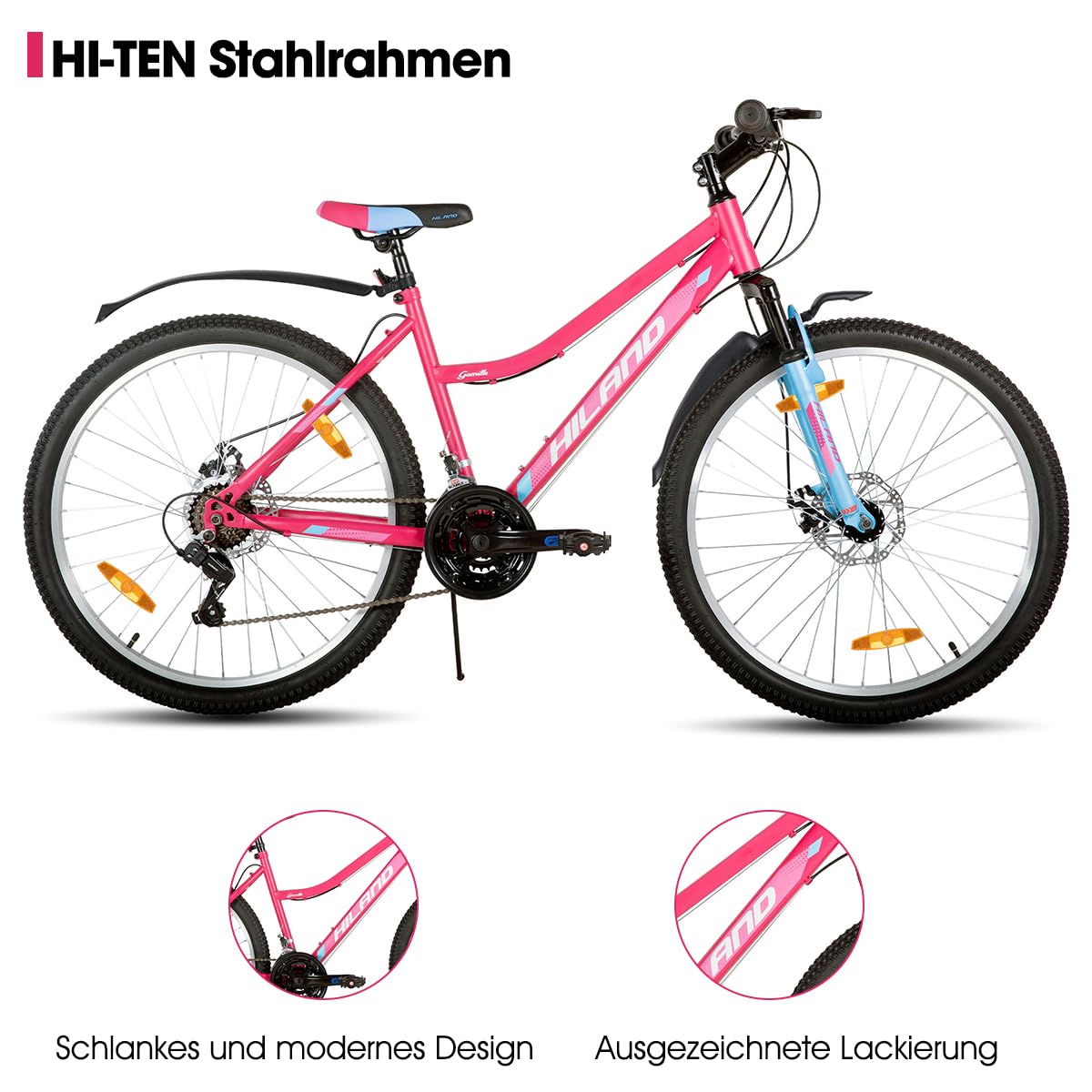 HILAND Mountain Bike Donna 26”, 18 Velocità, MTB con Telaio Step-Through e Forcella Ammortizzata, Bicicletta per Donna e Uomo Adulti, Verde/Rosa