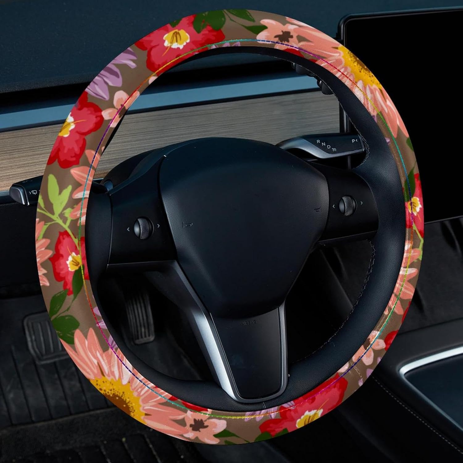 Soft Leather Car Steering Wheel Cover, Anti-Slip Protector 14.5" Universal Car Accessory for Cars Vehicles Truck SUV - Cute Flowers Floral Pattern