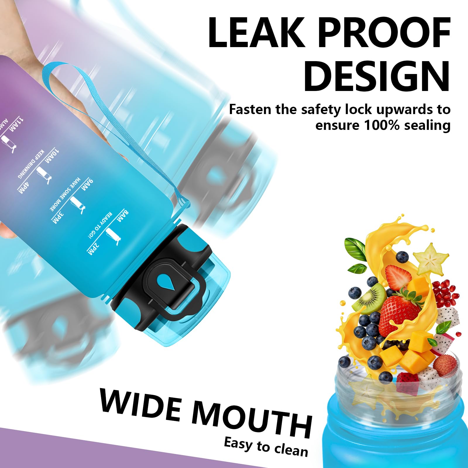 Botella Agua Niños, Portátil Botella Agua 500ml, A Prueba de Fugas Cantimplora con Pajita, Diseño de Cerradura, con Marcador de Tiempo, Cantimplora para Cámping, Exterior, Viaje - 4